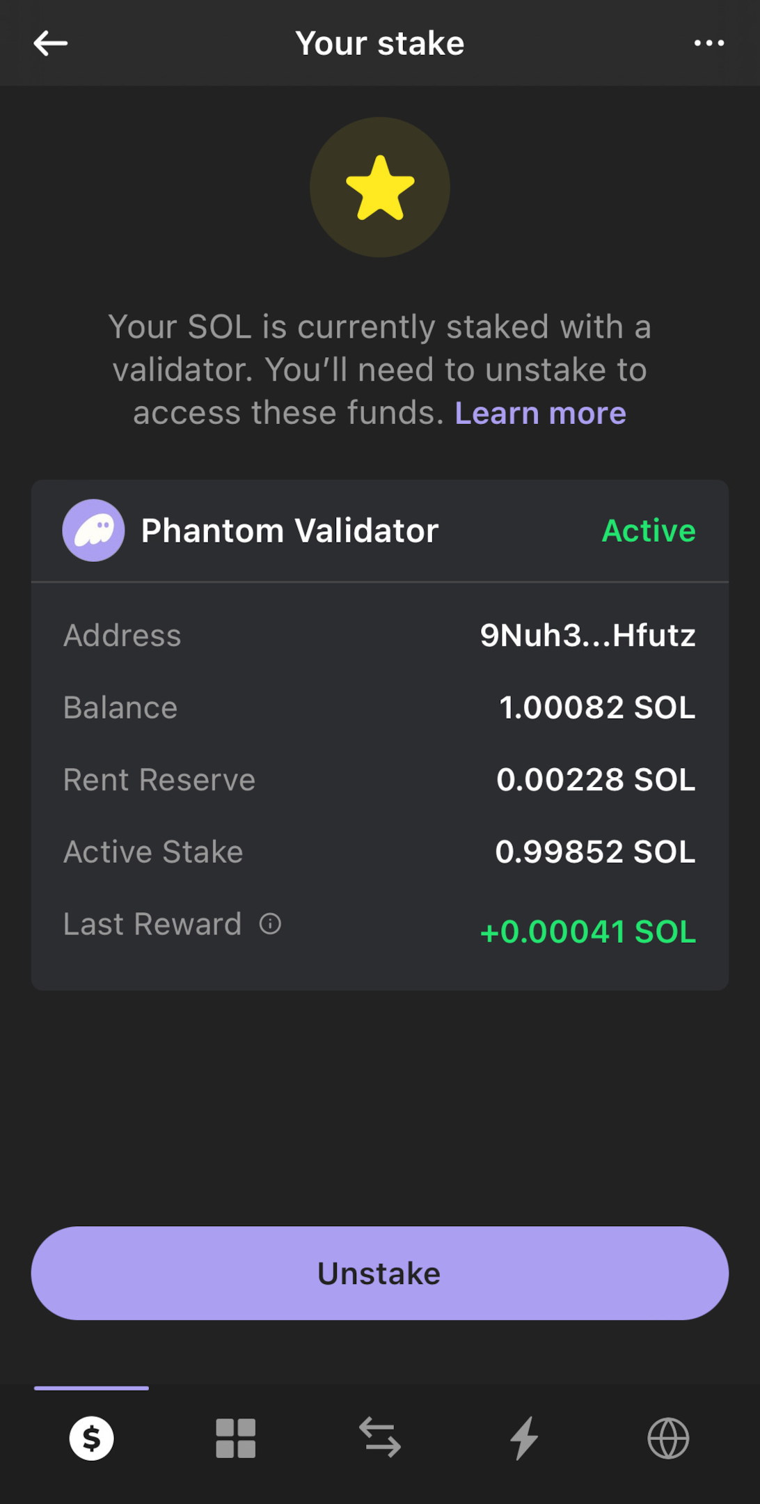 A screenshot in Phantom wallet to view staking rewards